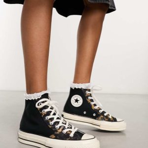 Converse Chuck Taylor 70 Hi trainers in black with animal print detailing