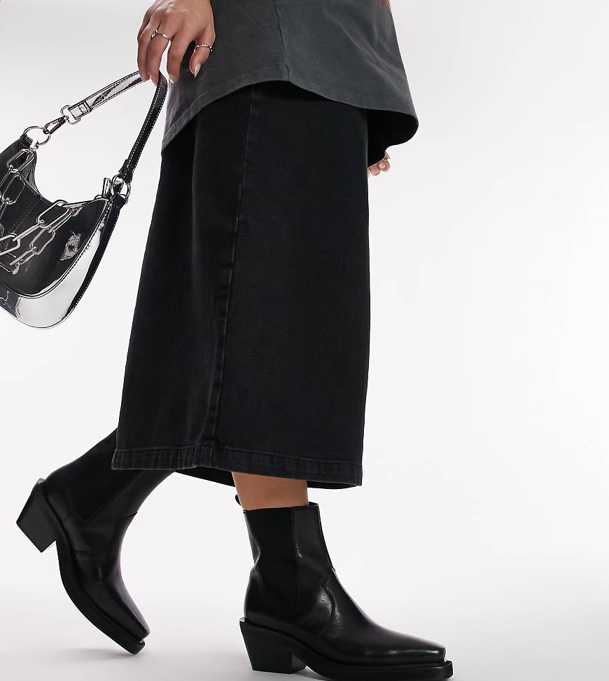 Topshop Wide Fit Maeve leather western ankle boot in black