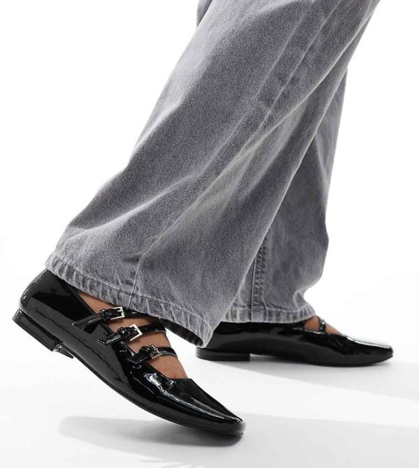 Public Desire Wide Fit Sherry strappy mary jane ballet flats in black patent