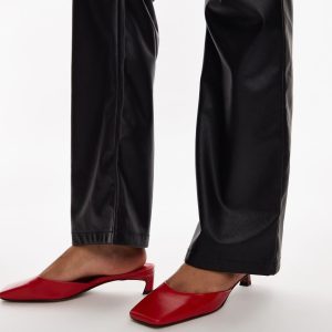 Topshop Audrey premium leather mid heeled square toe mules in red