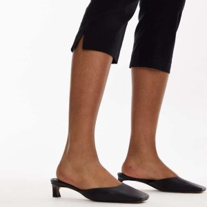 Topshop Audrey premium leather mid heeled square toe mules in black