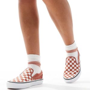 Vans classic slip on trainers in burnt orange and white checkerboard