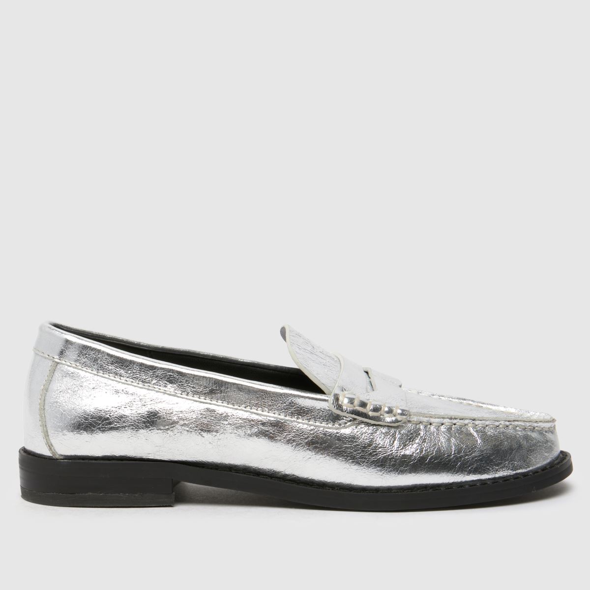 schuh lillian leather penny loafer flat shoes in silver