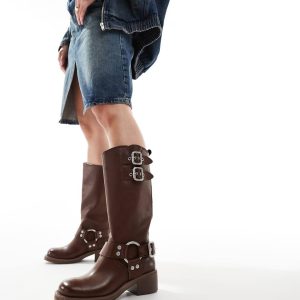 Steve Madden Eastern biker knee boots with chunky hardwear in Brown