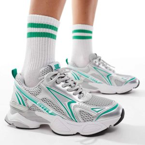 Steve Madden Speedster-E Trainers in Silver & Green