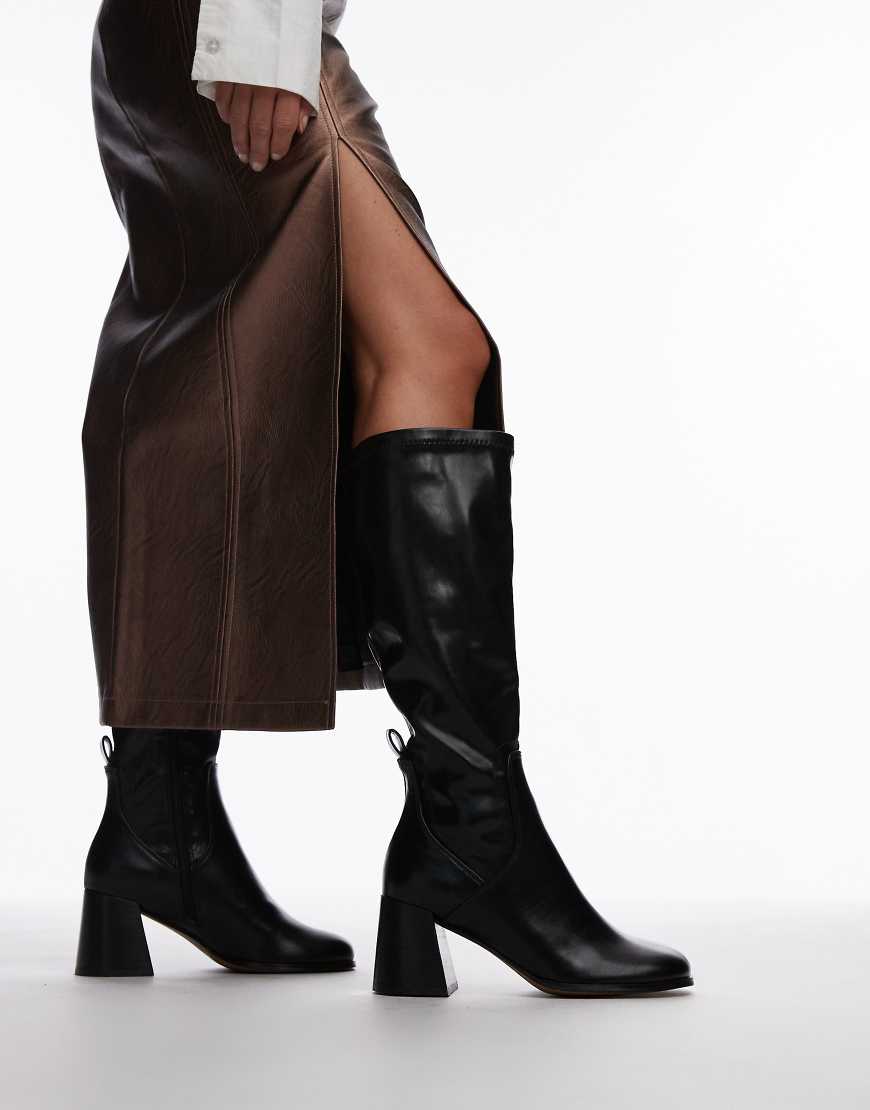 Topshop Ren knee high heeled boots in black