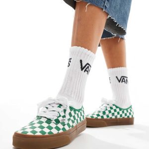 Vans authentic trainers with oversized laces in green and white checkerboard with gum sole