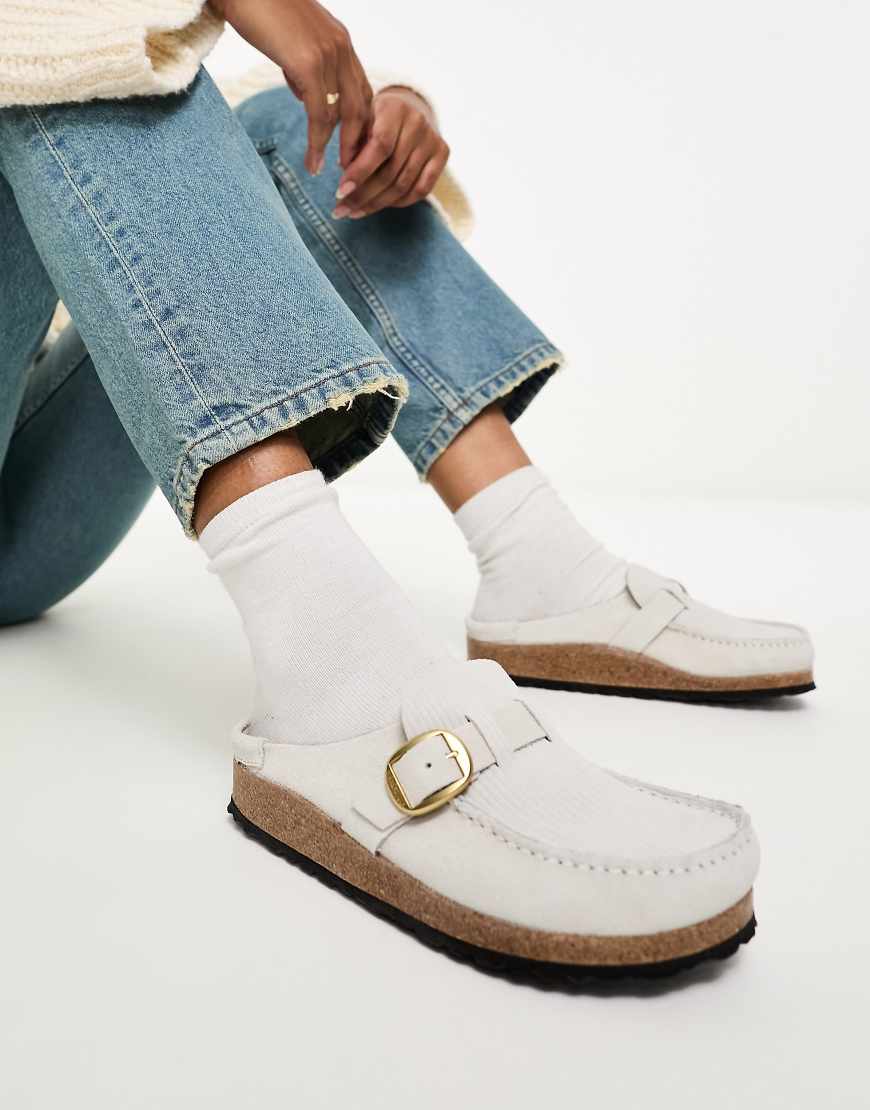 Birkenstock Buckley mules in white corduroy suede