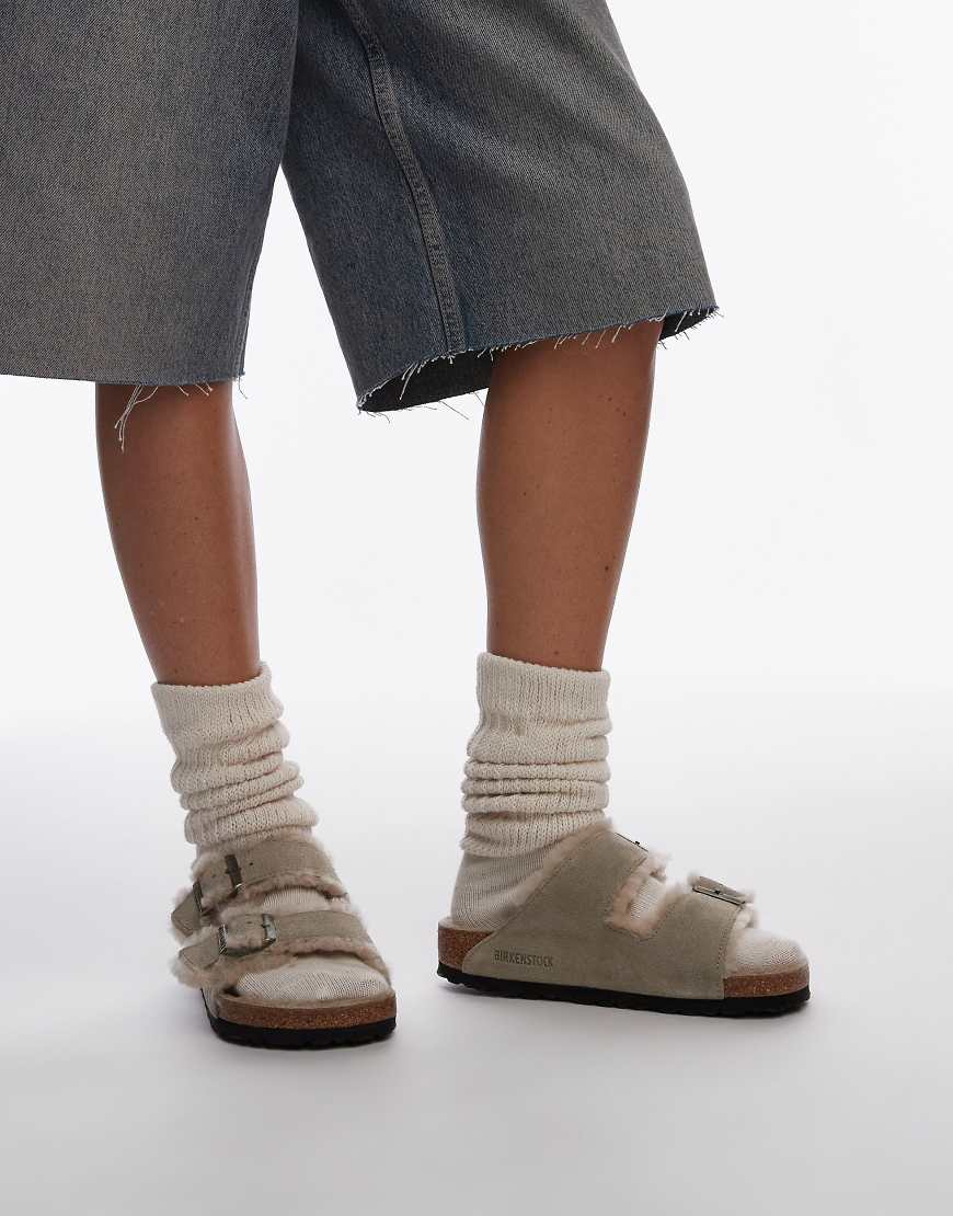 Birkenstock Unisex Arizona shearling sandals in taupe suede-Brown