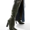 Public Desire Acquilla heeled knee boots with square toe in olive PU-Green