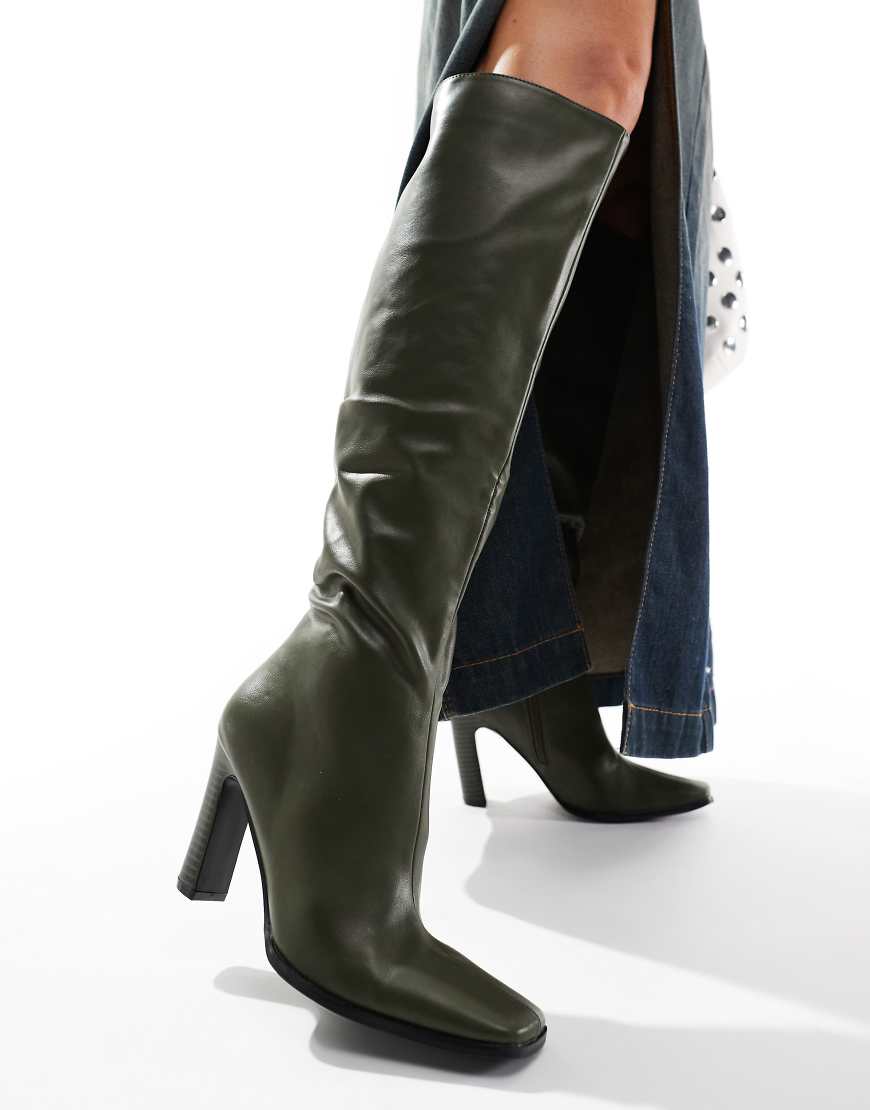 Public Desire Acquilla heeled knee boots with square toe in olive PU-Green
