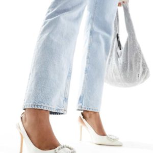 Public Desire Bridal Flora embellished buckle heeled slingback in cream satin-White