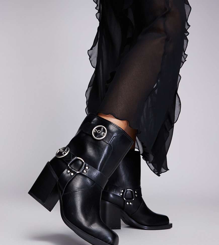Public Desire Wide Fit Freak heeled ankle biker boot in black