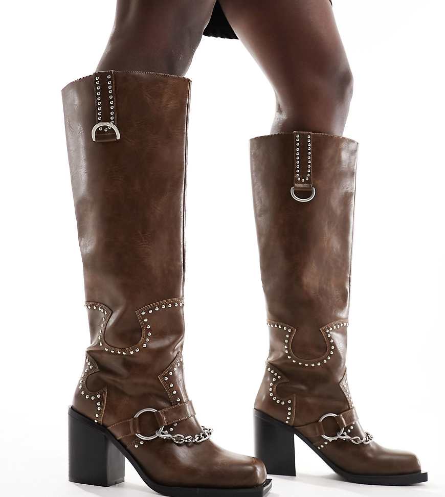 Public Desire Wide Fit Nashville knee boot with hardware in distressed brown