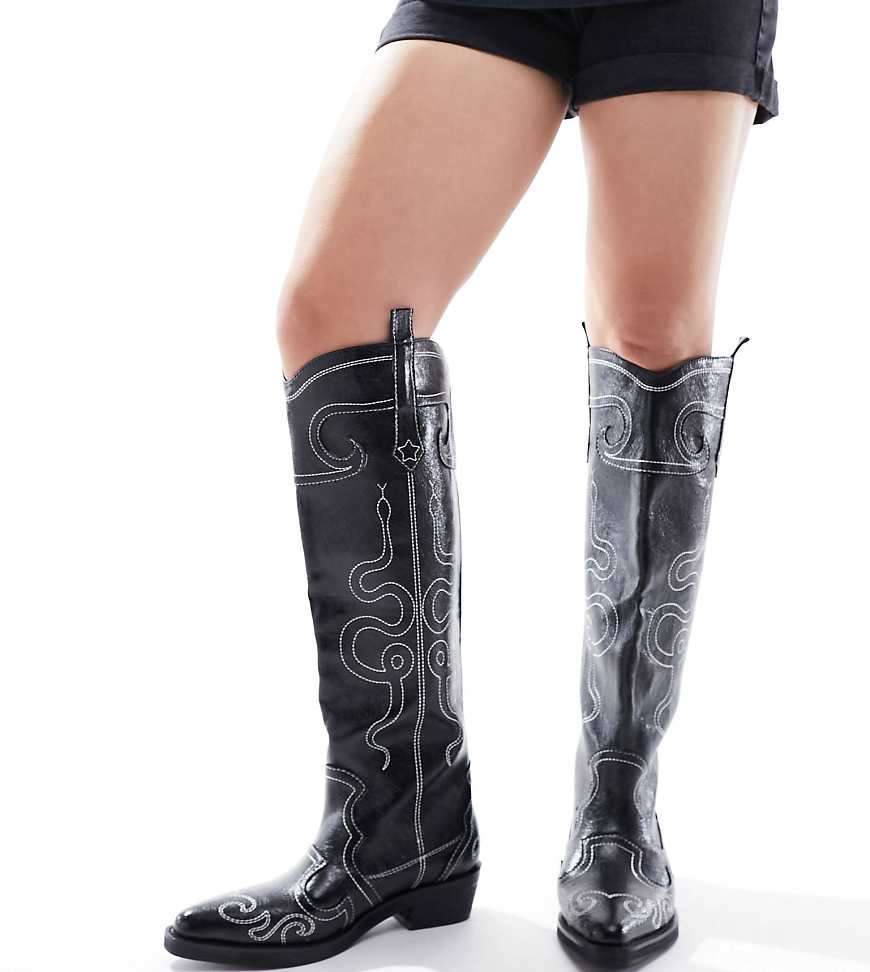 Public Desire Wide Fit Serpentine western boot with embroidery in black
