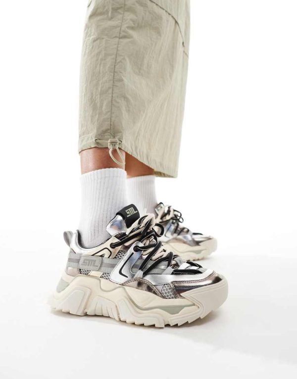 Steve Madden Kingdom-E chunky trainers in pewter and gold metallic-Silver