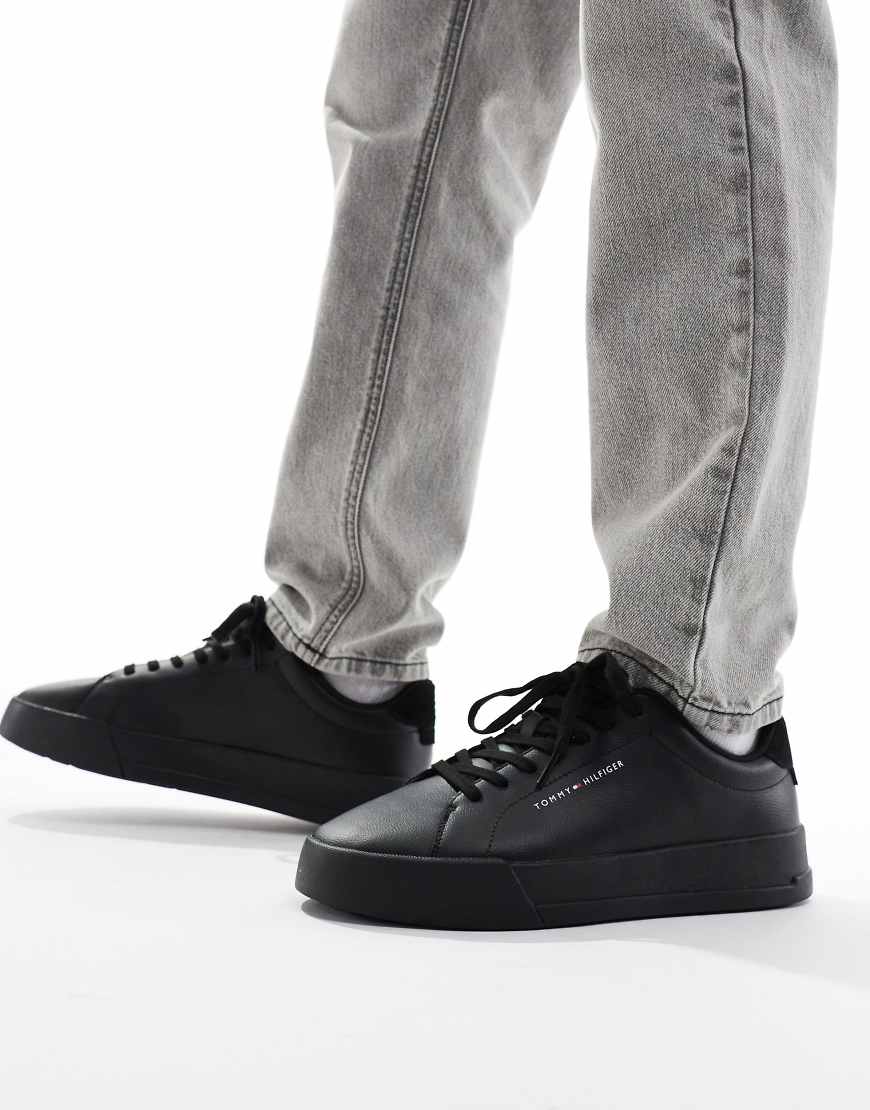 Tommy Hilfiger clean leather court trainers in triple black