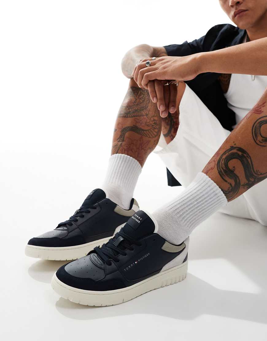Tommy Hilfiger leather basket trainers in navy and white