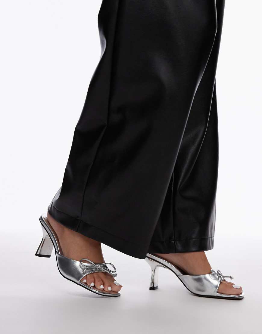 Topshop Gem heeled mules with bow in silver