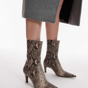 Topshop Neeve premium leather high heeled ankle boots in snake print-Multi