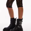 Topshop Wide Fit Luke chunky biker boots with buckle detail in black