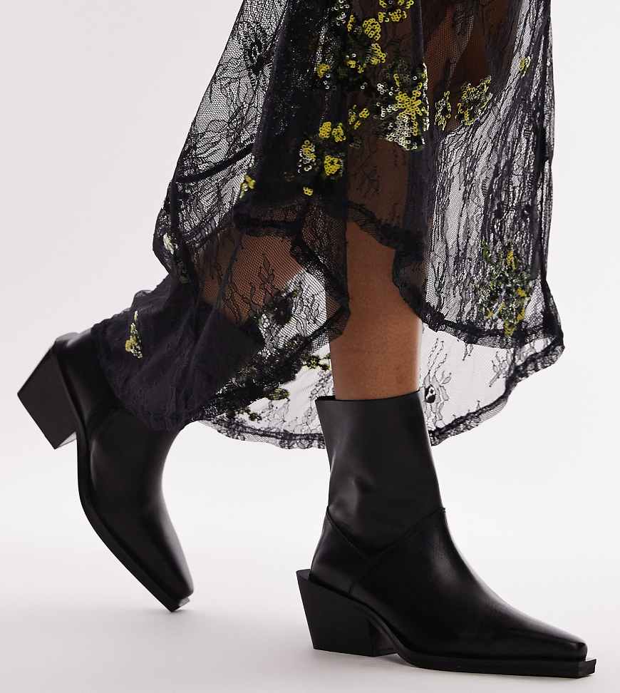 Topshop Wide Fit Maddy leather western boots in black