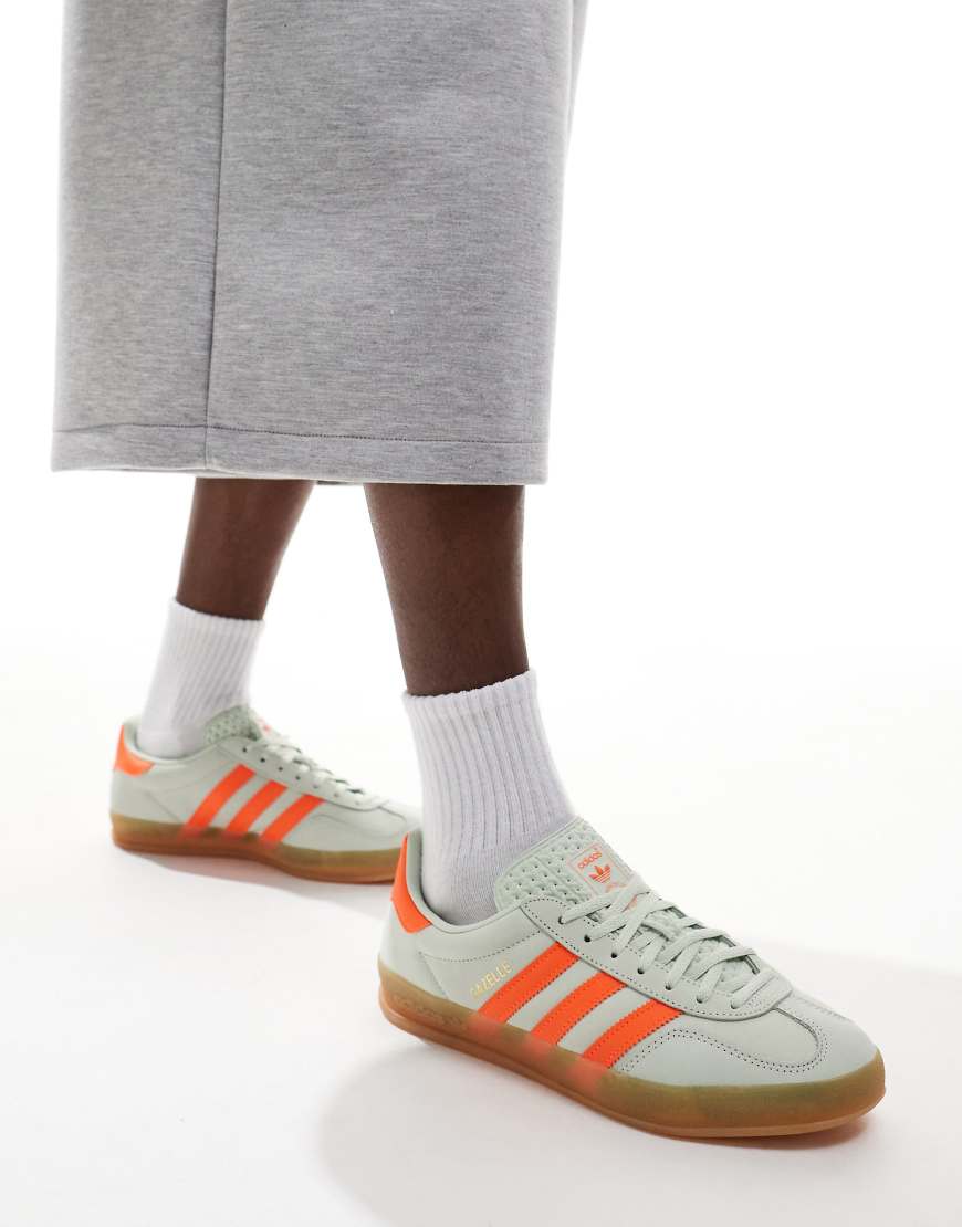 adidas Originals Gazelle Indoor trainers in light green and orange with gum sole-Multi