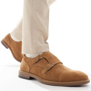 schuh Rio double monk strap shoes in tan suede-Brown